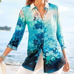Soft Surroundings Jolene Watercolor Artsy Floral Print Silk Button Up Shirt M